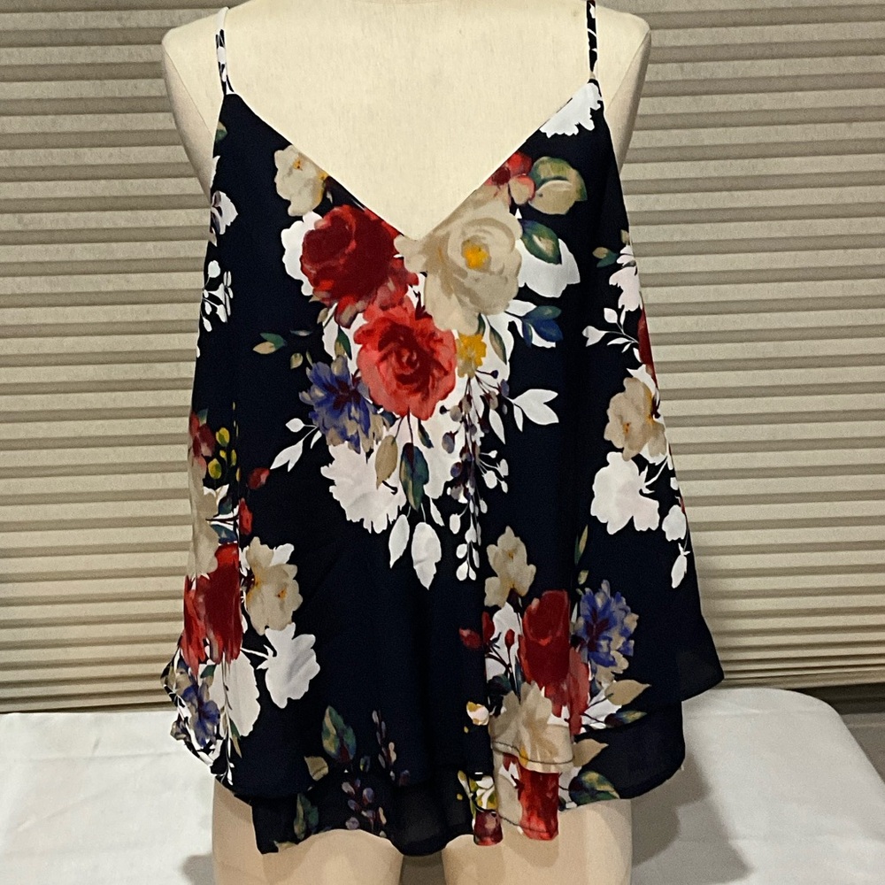 Ces Femme Floral Spaghetti Strap Top - Navy and Red